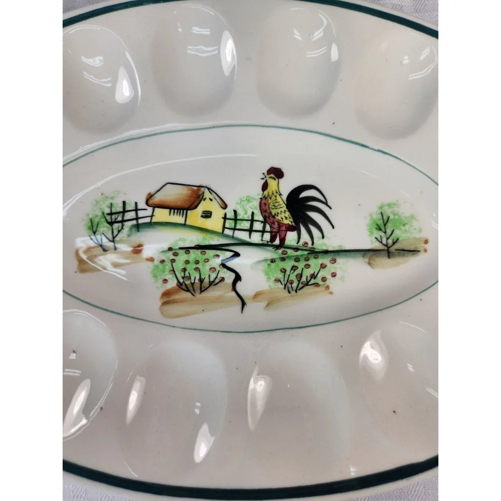 Vintage Deviled Egg Serving Dish Hand Painted Rooster Farm Countryside Design